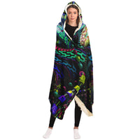 Primordial Playroom Hooded Blanket, Dreamlike Face Neon Sherpa Throw, Surreal Boho Gift, Visionary Psychedelic Blanket