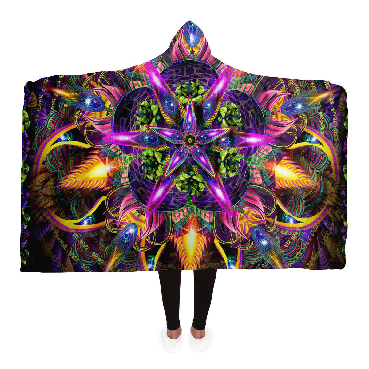 Sylvan Perception Hooded Blanket, Feathered Eye Mandala Sherpa Throw, Green Boho Gift, Psychedelic Flower Blanket