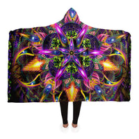 Sylvan Perception Hooded Blanket, Feathered Eye Mandala Sherpa Throw, Green Boho Gift, Psychedelic Flower Blanket
