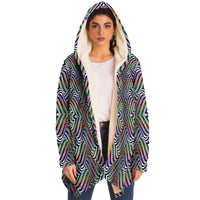 Hypnotic Hills Micro Fleece Cloak, Hooded Wearable Art, Psychedelic Festival Layer — back spread — hood raised