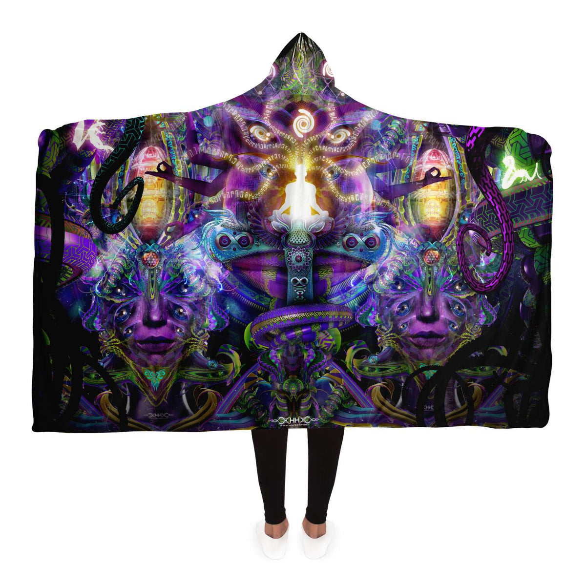 Union of Opposites Visionary Hooded Blanket, Meditating Figure Neon Sherpa Throw, Boho Meditation Gift, Spiritual Cosmic Throw