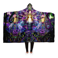 Union of Opposites Visionary Hooded Blanket, Meditating Figure Neon Sherpa Throw, Boho Meditation Gift, Spiritual Cosmic Throw