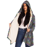 Hypnotic Hills Micro Fleece Cloak, Hooded Wearable Art, Psychedelic Festival Layer — front — hood lowered
