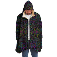 Tryptek Micro Fleece Cloak, Hooded Wearable Art, Psychedelic Festival Layer — back spread — hood raised