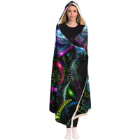 Primordial Archetype Hooded Blanket, Biomechanical Mask Neon Sherpa Throw, Visionary Techno Gift, Ancient Cosmic Blanket
