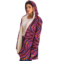 Psychic Serpent Micro Fleece Cloak, Hooded Wearable Art, Psychedelic Festival Layer — wearer-right three-quarter — hood lowered