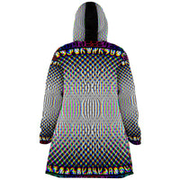 Codified Micro Fleece Cloak, Hooded Wearable Art, Psychedelic Festival Layer — wearer-right three-quarter — hood lowered