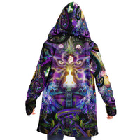 Union of Opposites Micro Fleece Cloak, Hooded Wearable Art, Psychedelic Festival Layer — front — hood lowered