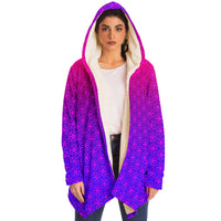 Sacral Bloom Micro Fleece Cloak, Hooded Wearable Art, Psychedelic Festival Layer — front — hood raised