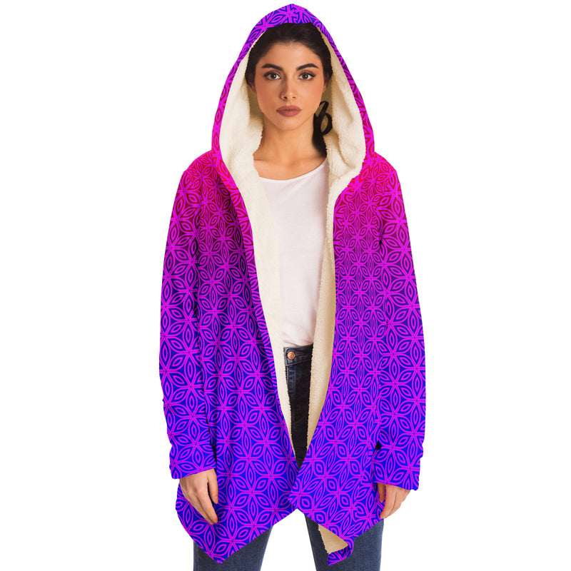 Sacral Bloom Micro Fleece Cloak, Hooded Wearable Art, Psychedelic Festival Layer — front — hood raised