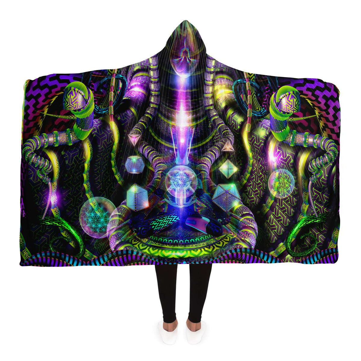 Mystic Temptation Hooded Blanket, Cosmic Shaman Neon Sherpa Throw, Bohemian Ceremonial Gift, Visionary Spiritual Blanket