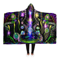 Mystic Temptation Hooded Blanket, Cosmic Shaman Neon Sherpa Throw, Bohemian Ceremonial Gift, Visionary Spiritual Blanket