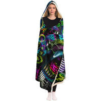 Jungle Juice Hooded Blanket, Tribal Mask Neon Sherpa Throw, Psychedelic Boho Gift, Visionary Creature Blanket