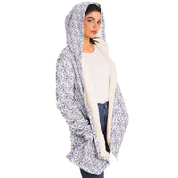 Flower of Life II Micro Fleece Cloak, Hooded Wearable Art, Psychedelic Festival Layer — wearer-right three-quarter — hood lowered