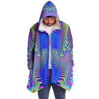 Holowave Micro Fleece Cloak, Hooded Wearable Art, Psychedelic Festival Layer — front — hood raised