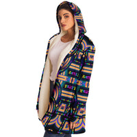 Tea Daze Micro Fleece Cloak, Hooded Wearable Art, Psychedelic Festival Layer — wearer-right three-quarter — hood lowered
