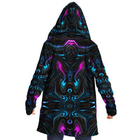 Liquid Sky Micro Fleece Cloak, Hooded Wearable Art, Psychedelic Festival Layer — wearer-right three-quarter — hood lowered