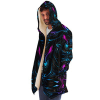 Liquid Sky Micro Fleece Cloak, Hooded Wearable Art, Psychedelic Festival Layer — back — hood raised