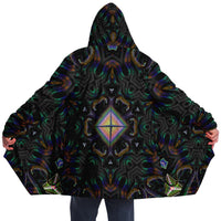 Hyperjewels Micro Fleece Cloak, Hooded Wearable Art, Psychedelic Festival Layer — front — hood raised