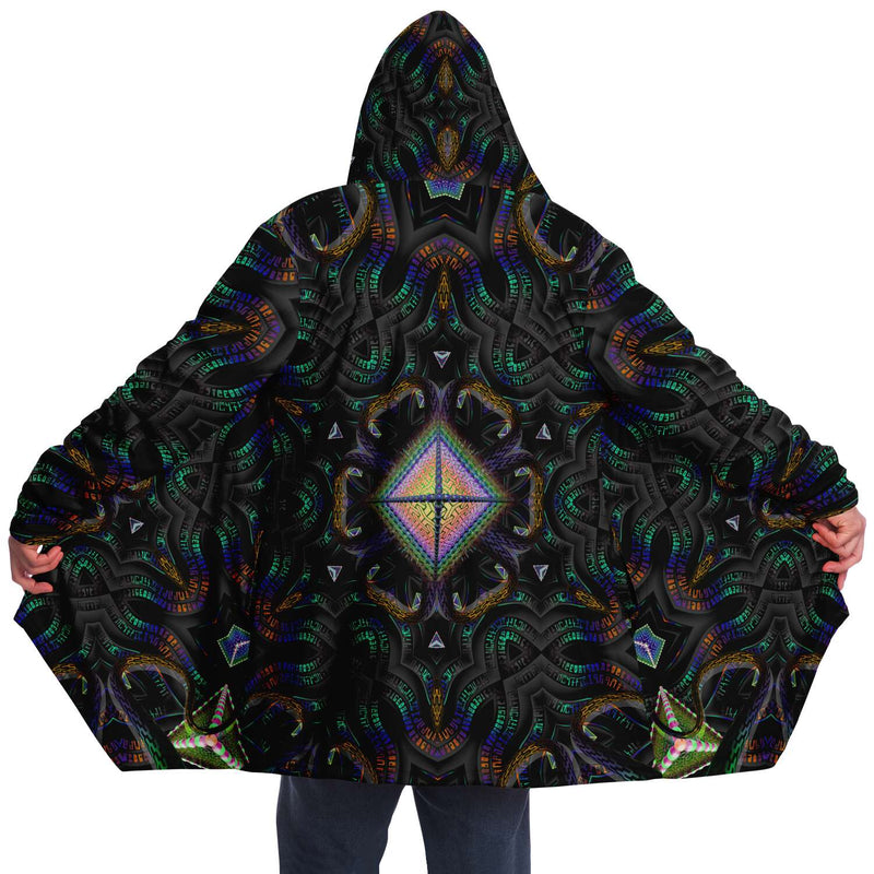 Hyperjewels Micro Fleece Cloak, Hooded Wearable Art, Psychedelic Festival Layer — front — hood raised