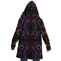 Psytron Micro Fleece Cloak, Hooded Wearable Art, Psychedelic Festival Layer — front — hood lowered