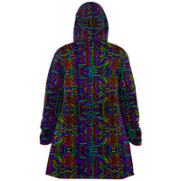 Prismatic Overlay Micro Fleece Cloak, Hooded Wearable Art, Psychedelic Festival Layer — wearer-right three-quarter — hood lowered