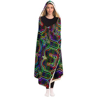 Icaro Hooded Blanket, Neon Circuit Geometric Sherpa Throw, Futuristic Boho Gift, Luminous Techno Sacred Blanket