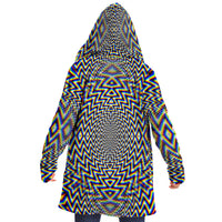 Hypnodelica Micro Fleece Cloak, Hooded Wearable Art, Psychedelic Festival Layer — front — hood lowered