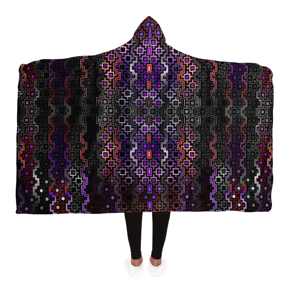 Twilight Healing Hooded Blanket, Tribal Cross Geometric Sherpa Throw, Moody Boho Gift, Dark Sacred Geometry Blanket