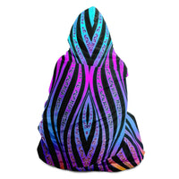 Xenowave Hooded Blanket, Neon Wave Geometric Sherpa Throw, Electric Boho Gift, Luminous Ribbon Blanket