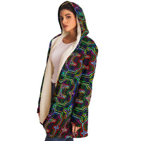 Icaro Micro Fleece Cloak, Hooded Wearable Art, Psychedelic Festival Layer — front — hood lowered