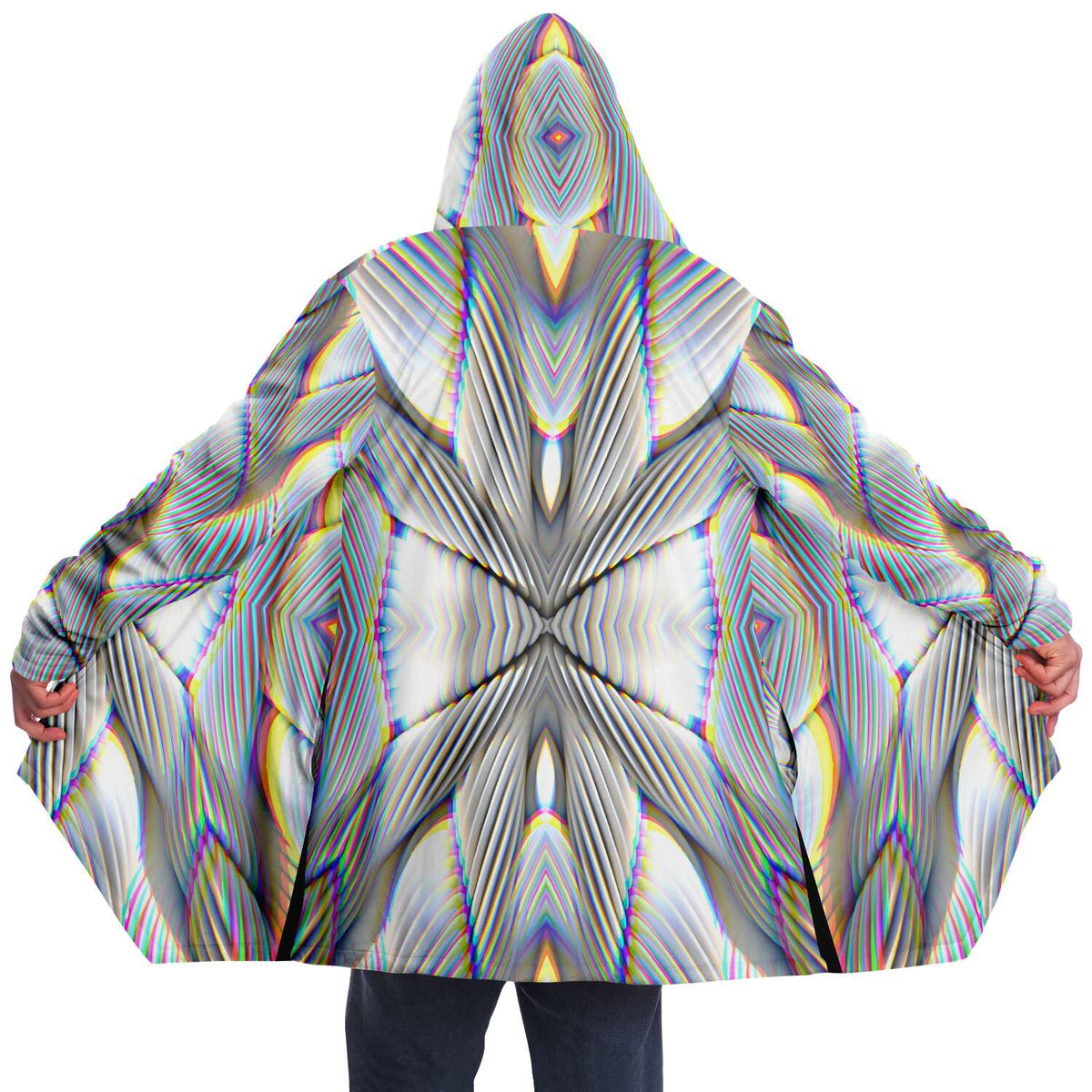Stoned Micro Fleece Cloak, Hooded Wearable Art, Psychedelic Festival Layer — front — hood raised