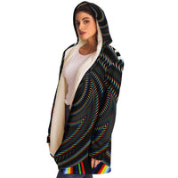 Waveform Micro Fleece Cloak, Hooded Wearable Art, Psychedelic Festival Layer — wearer-right three-quarter — hood lowered