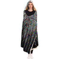 Organix Hooded Blanket, Optical Wave Glitch Sherpa Throw, Psychedelic Boho Gift, Black and White Visionary Blanket