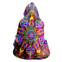 Asteroidea Venusia Hooded Blanket, Neon Mandala Sherpa Throw, Boho Cosmic Gift, Visionary Sacred Geometry Blanket