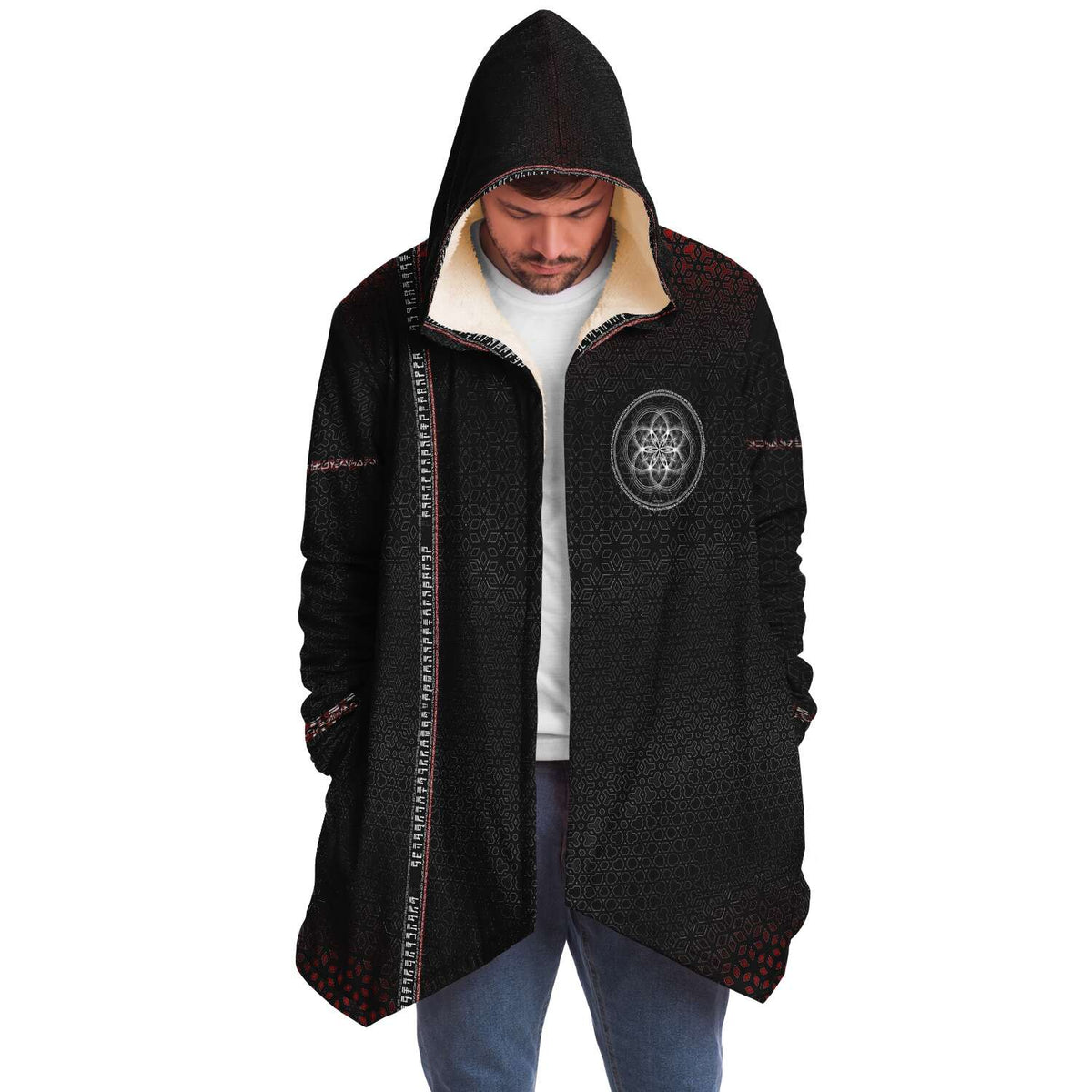 Sacred Cloak Micro Fleece Cloak, Hooded Wearable Art, Psychedelic Festival Layer — front — hood raised