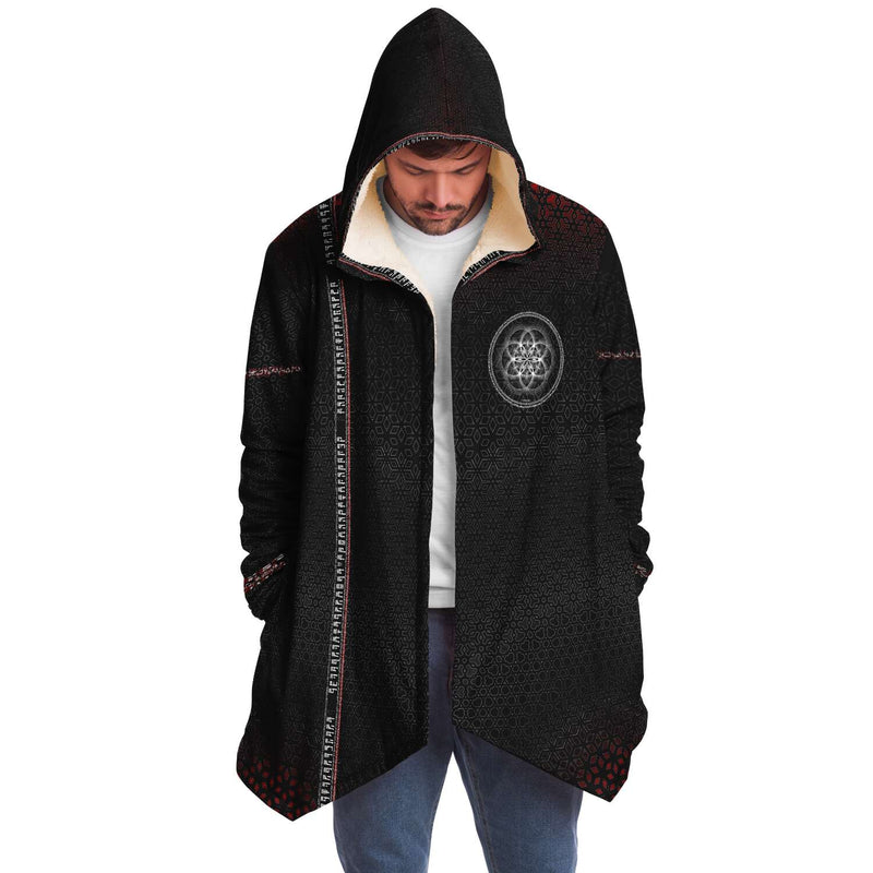 Sacred Cloak Micro Fleece Cloak, Hooded Wearable Art, Psychedelic Festival Layer — front — hood raised
