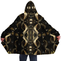 Golden Age Micro Fleece Cloak, Hooded Wearable Art, Psychedelic Festival Layer — back spread — hood raised