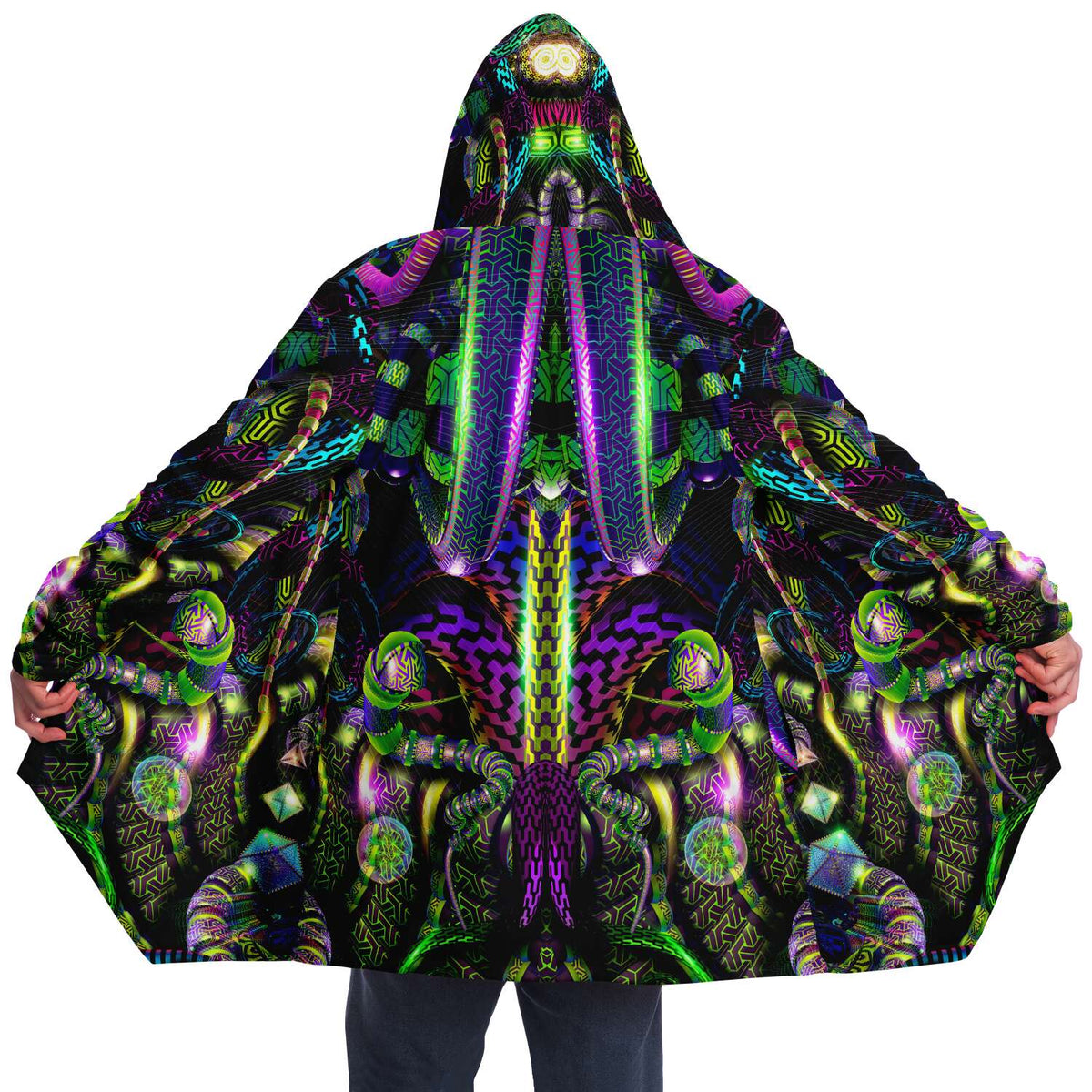 Mystic Temptation II Micro Fleece Cloak, Hooded Wearable Art, Psychedelic Festival Layer — front — hood raised