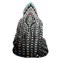 Organix Hooded Blanket, Optical Wave Glitch Sherpa Throw, Psychedelic Boho Gift, Black and White Visionary Blanket