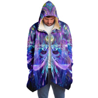 Satyam Shivam Sundaram Micro Fleece Cloak, Hooded Wearable Art, Psychedelic Festival Layer — back spread — hood raised