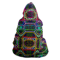 Icaro Hooded Blanket, Neon Circuit Geometric Sherpa Throw, Futuristic Boho Gift, Luminous Techno Sacred Blanket