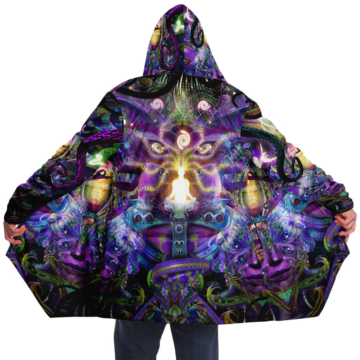 Union of Opposites Micro Fleece Cloak, Hooded Wearable Art, Psychedelic Festival Layer — front — hood raised