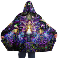 Union of Opposites Micro Fleece Cloak, Hooded Wearable Art, Psychedelic Festival Layer — front — hood raised
