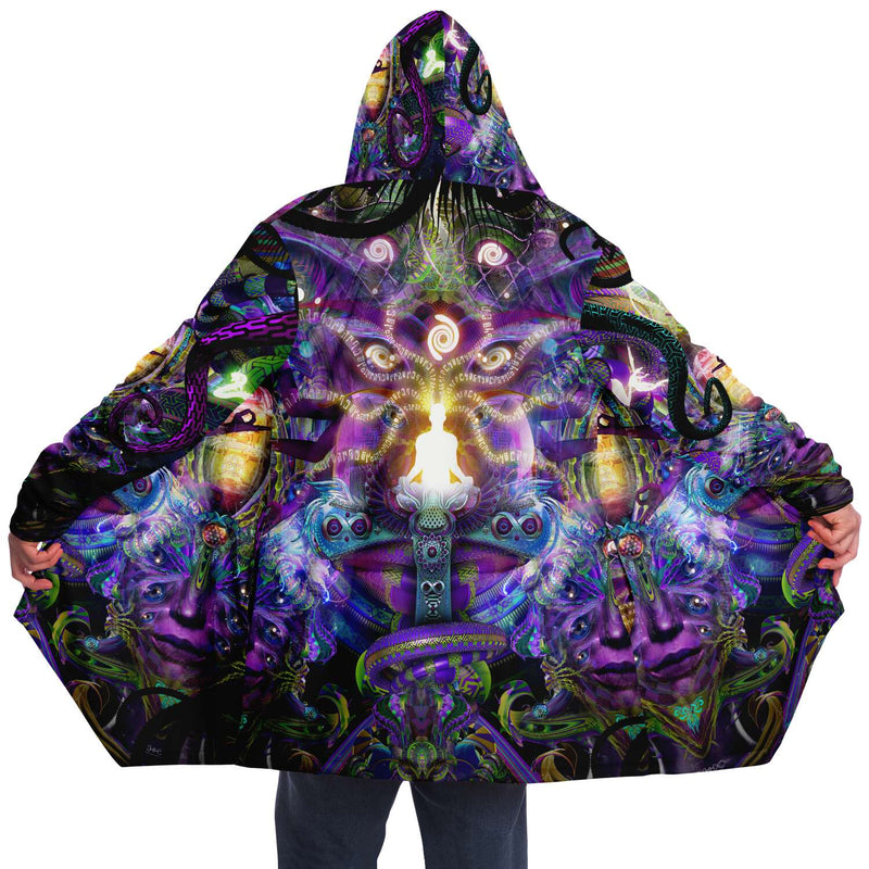 Union of Opposites Micro Fleece Cloak, Hooded Wearable Art, Psychedelic Festival Layer — front — hood raised