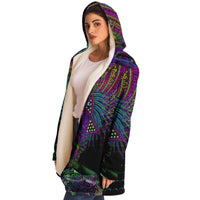 Kundalini Rising Micro Fleece Cloak, Hooded Wearable Art, Psychedelic Festival Layer — wearer-right three-quarter — hood lowered
