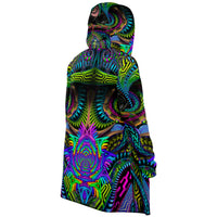 Primordial Micro Fleece Cloak, Hooded Wearable Art, Psychedelic Festival Layer — back — hood raised