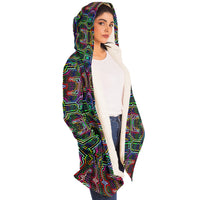 Icaro Micro Fleece Cloak, Hooded Wearable Art, Psychedelic Festival Layer — wearer-right three-quarter — hood lowered