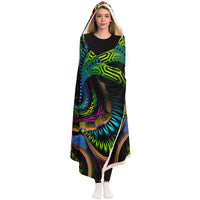 Primordial Presence Hooded Blanket, Cosmic Mask Neon Sherpa Throw, Visionary Spiritual Gift, Ancient Sacred Geometry Blanket