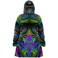 Primordial Micro Fleece Cloak, Hooded Wearable Art, Psychedelic Festival Layer — back spread — hood raised